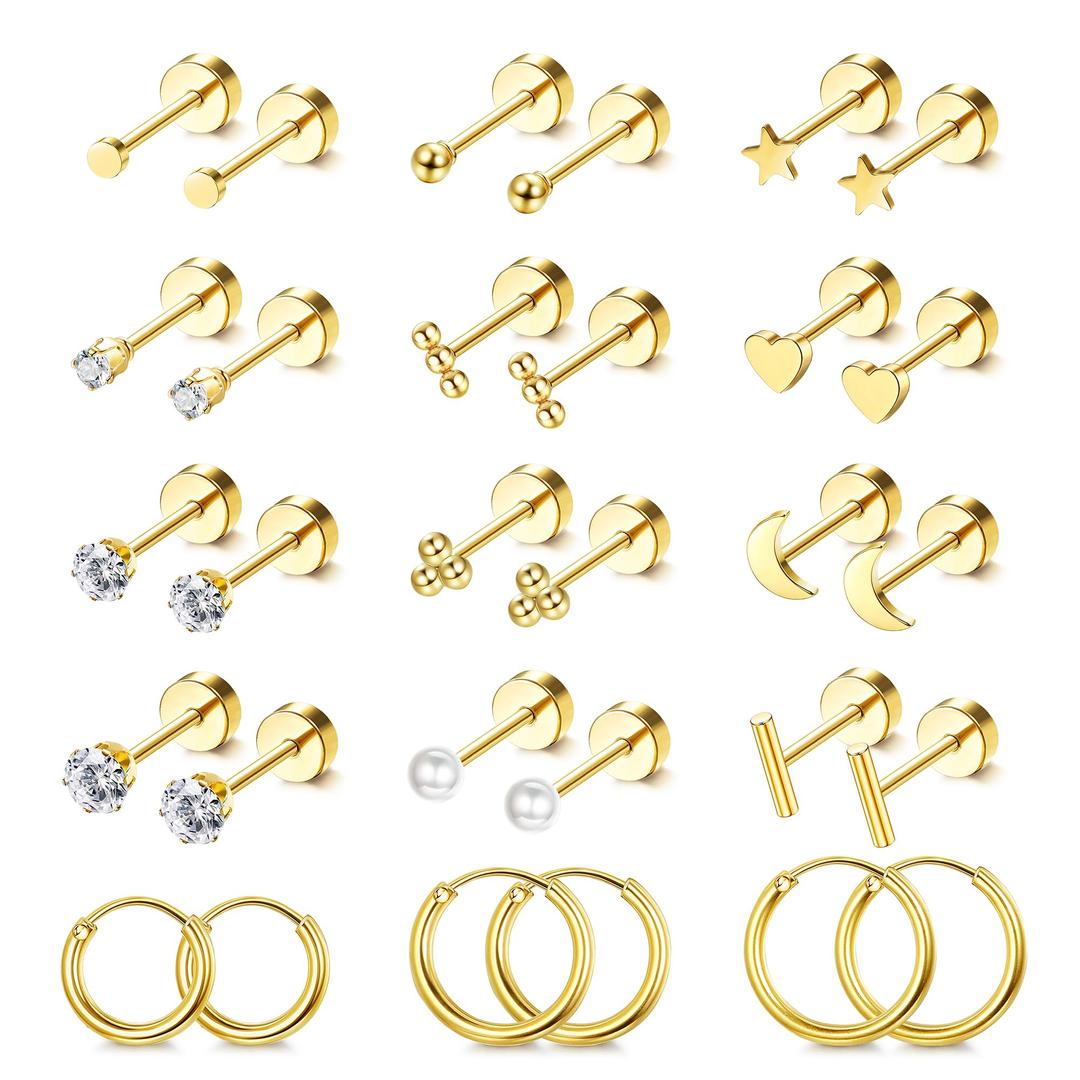 LOLIASSmall Hypoallergenic Flat Back Stud Earrings for Women Men 14K Gold Plated Surgical Stainless Steel Earring Sets Tiny Screw Back Cartilage Earring