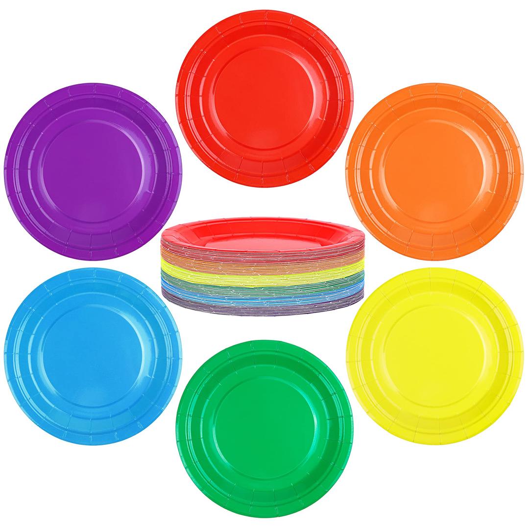 ADXCO Paper 72pcs 7inch Rainbow Plates, Waterproof, Durable, Disposable Party Supplies for Birthday, Picnic, Baby Shower, All Seasons, 6 Colors