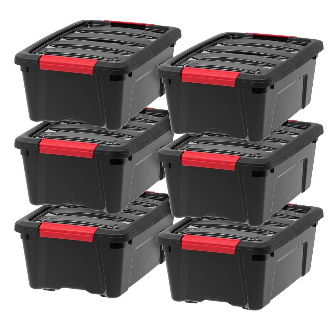 IRIS USA 13 Qt Stackable Plastic Storage Bins with Lids, 6 Pack - BPA-Free, Made in USA - Garage Organizing Solution, Latches, Durable Nestable Containers, Secure Pull Handle - Black