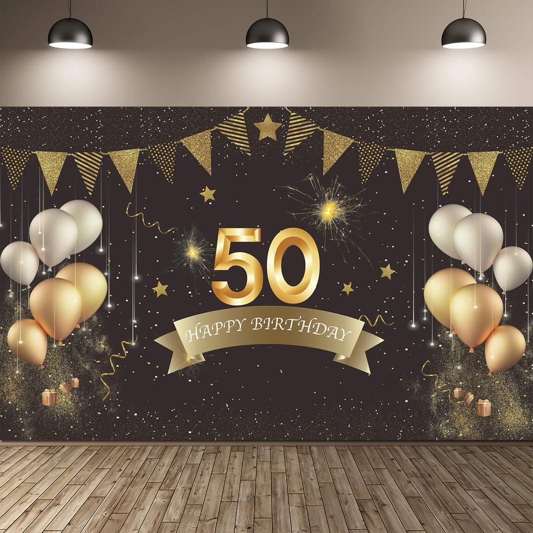 Happy 50th Birthday Party Backdrop Banner, 50th Birthday Party Decorations Supplies, Fabric Black and Gold Sign Poster for Happy 50th Birthday Party Photo Booth Backdrop Background Banner