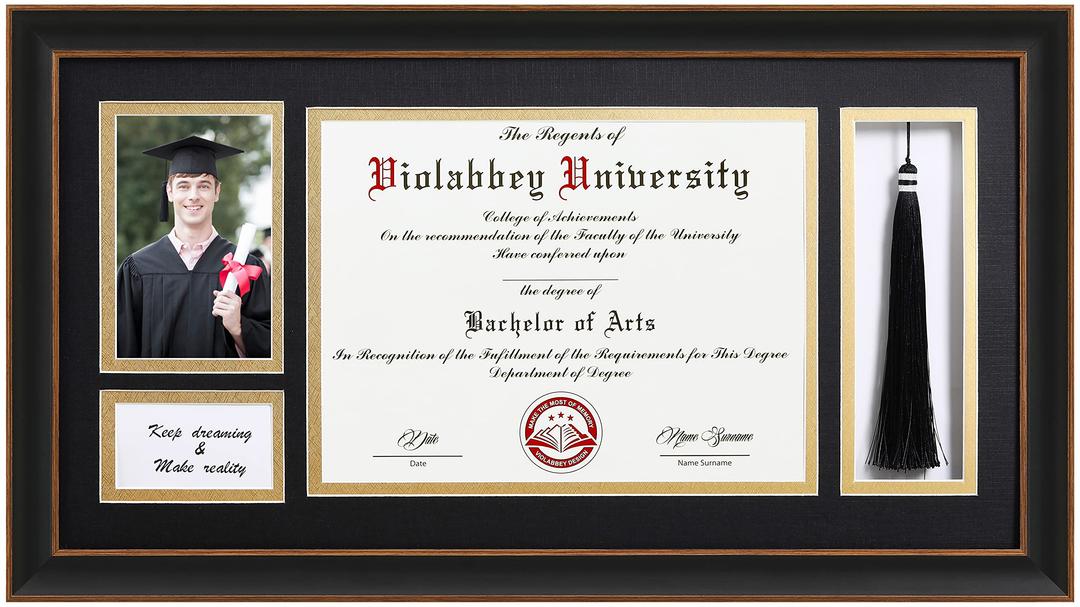 VIOLABBEY Black Diploma Frame with Tassel Holder for 8.5x11 Certificates Document and 4x6 Graduation Pictures, College Degree Frame for Wall Mounted (Black Gold Double Mat)