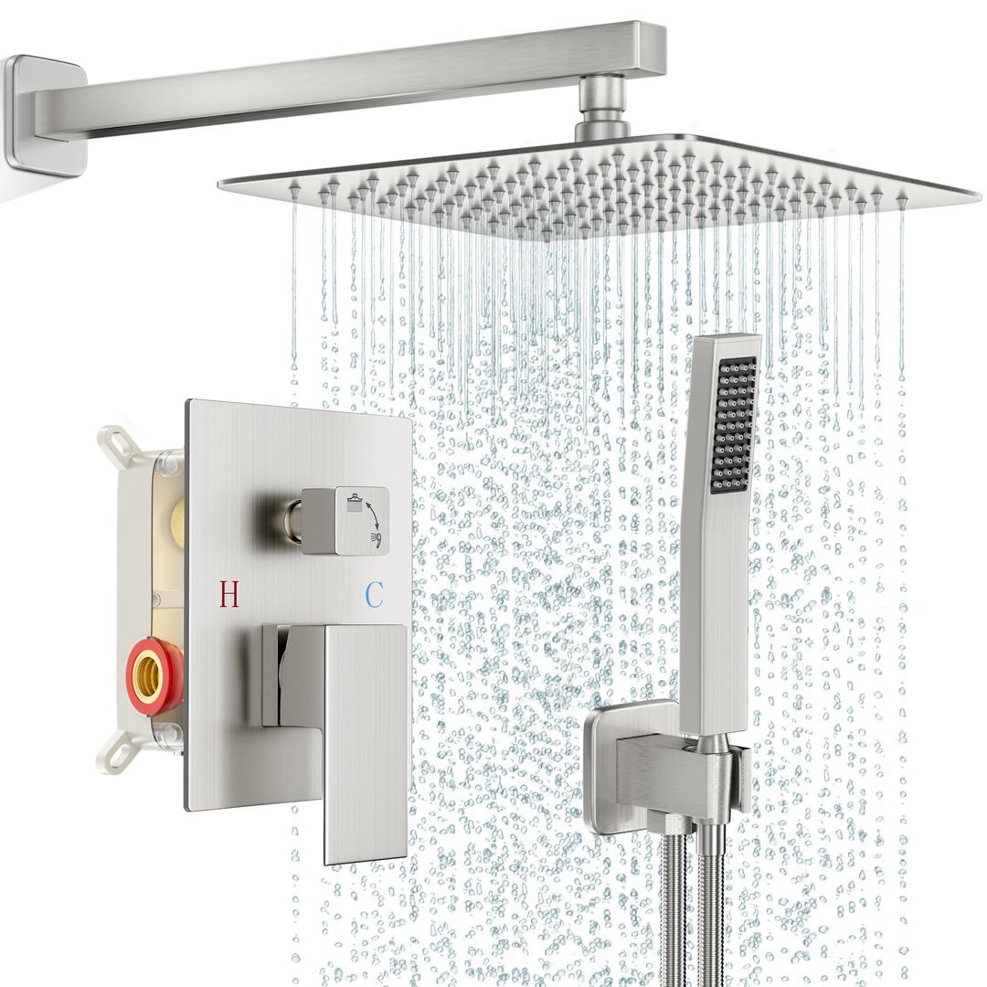 Shower Faucet Set Bathroom Square Rain Shower Head and Handle Set, Wall Mounted Shower Fixtures, Full Metal Trim Repair Kit 12 inch Brushed Nickel (With Shower Valve)