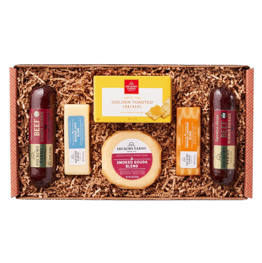 Hickory Farms Signature Beef Meat and Cheese Gift Basket (Medium) - Food Gift Box | Charcuterie Board Food - Summer Sausage and Cheese | Christmas Gift Basket | Holiday Gift Basket | Housewarming Gift