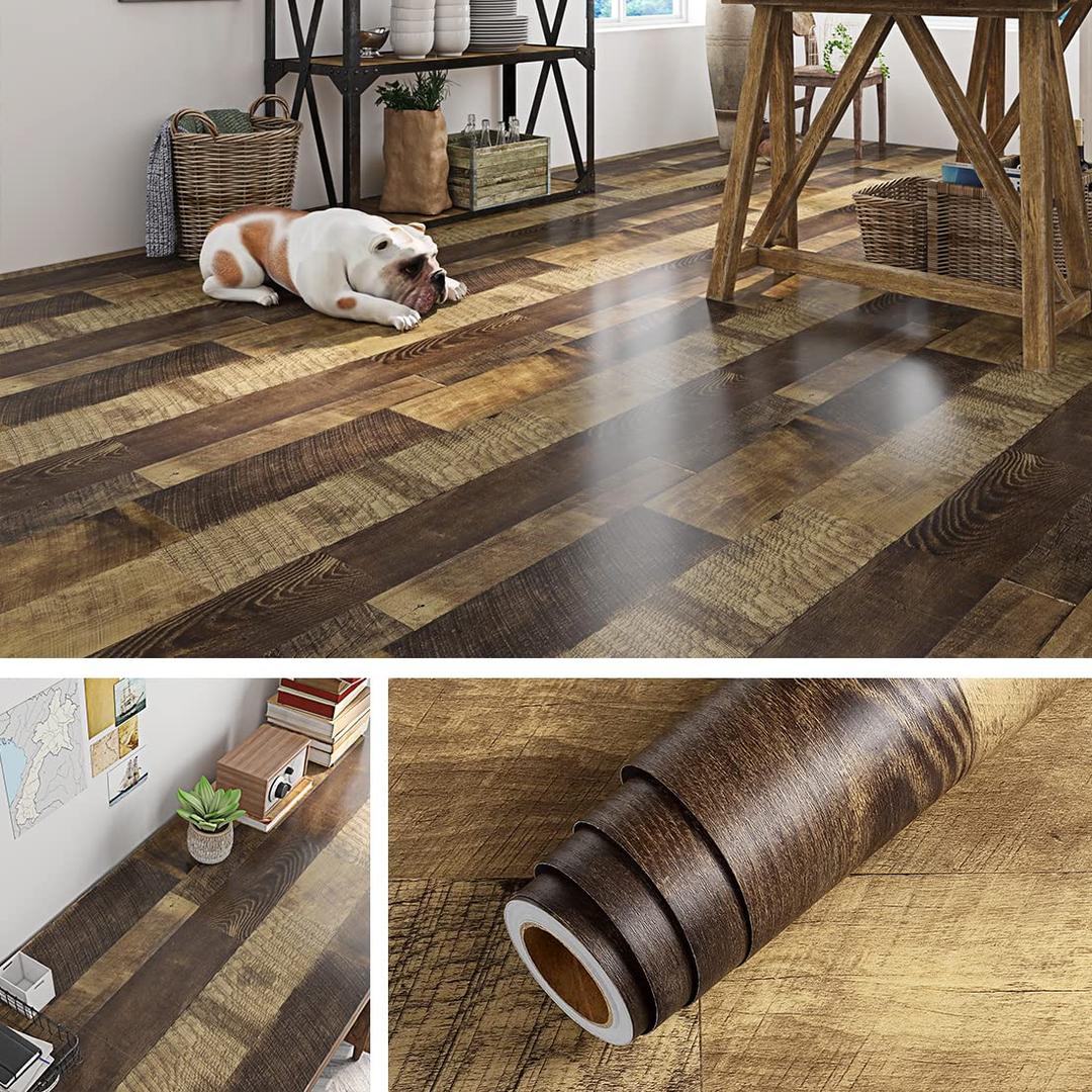 Livelynine Reclaimed Wood Vinyl Flooring Roll Waterproof Vinyl Plank Flooring Peel and Stick Wood Planks For Walls Kitchen Bathroom Floor Desk Countertop Covers Accent Wall Stick on Shiplap 15.8x78.8"