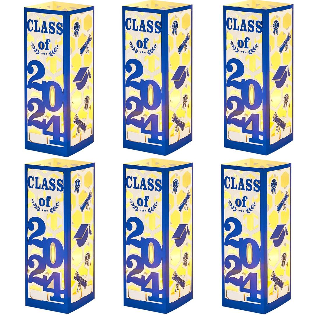 6 Pcs Graduation Table Centerpieces- Class of 2024 Graduation Lantern Boxes with LED Light for College High School Congrats Graduation Party Supplies(Blue)