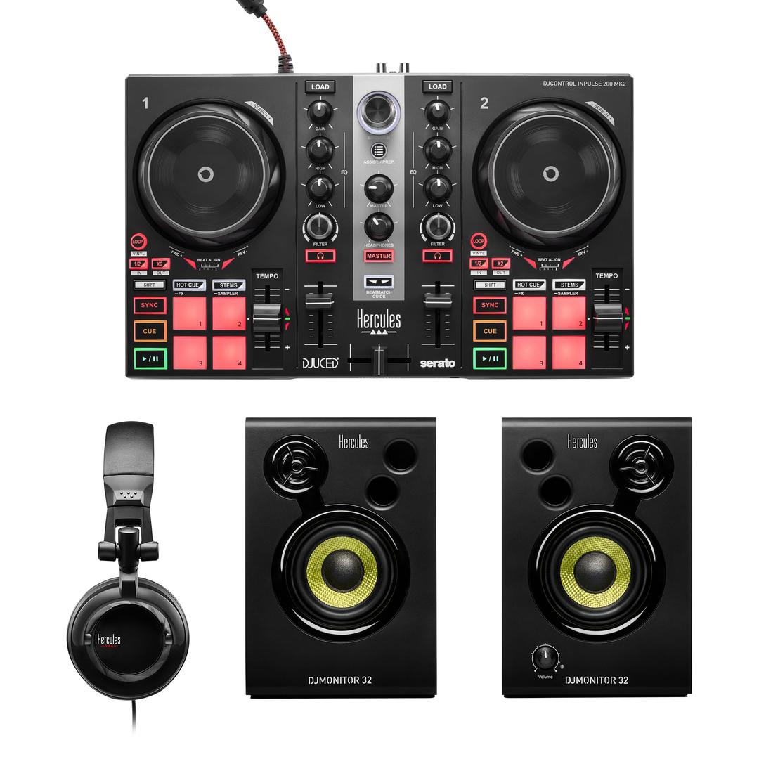 Hercules DJLearning Kit MK II including the DJ Inpulse 200 MK II controller, HD45 headphones and DJ Monitor 32 speakers