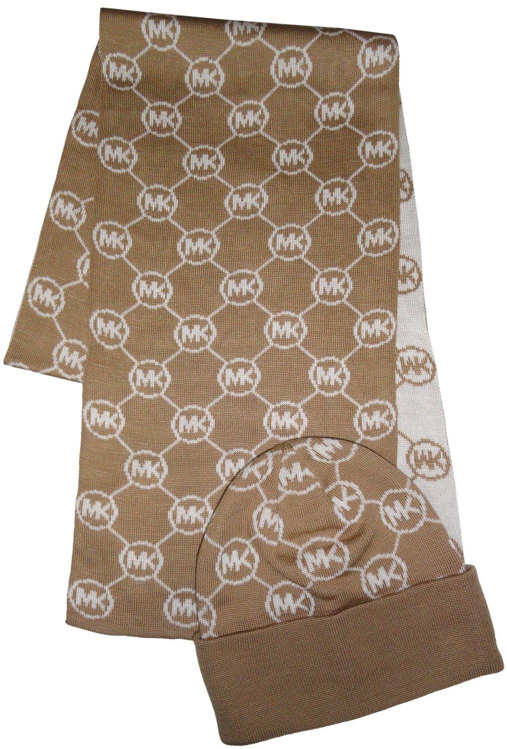 Michael Kors Women's 2 Piece Scarf and Hat Set Dark Camel and Cream