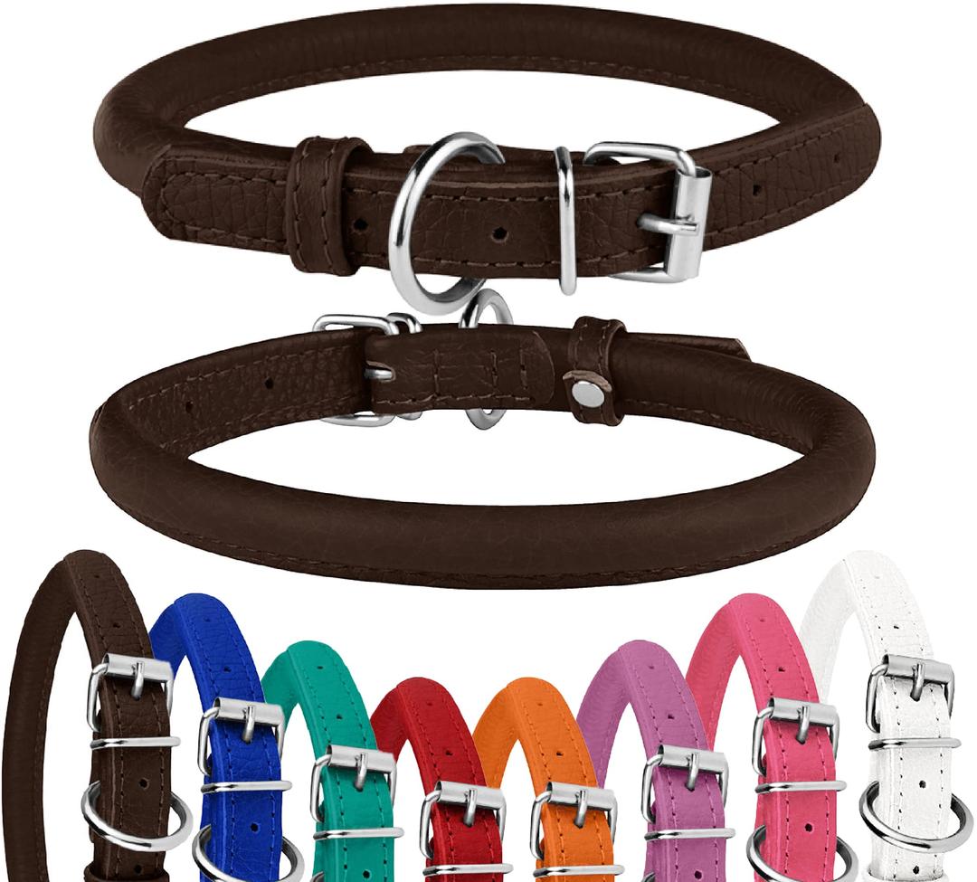 Rolled Leather Dog Collar Soft Round Collars, ID Tag for Small Medium Large Dogs (9-12 inch, Brown)