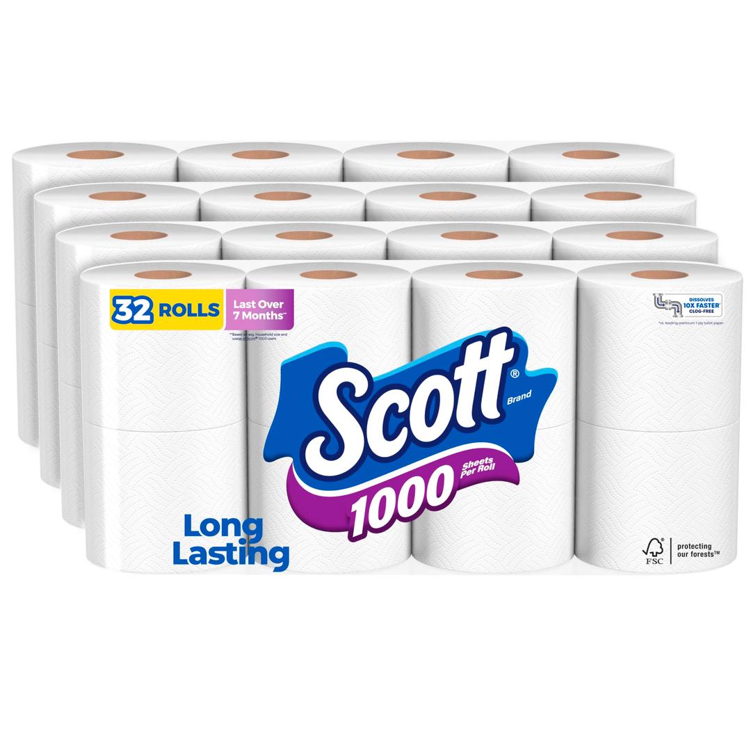 Scott 1000 Toilet Paper, 32 Rolls, Septic-Safe, 1-Ply Toilet Tissue , White