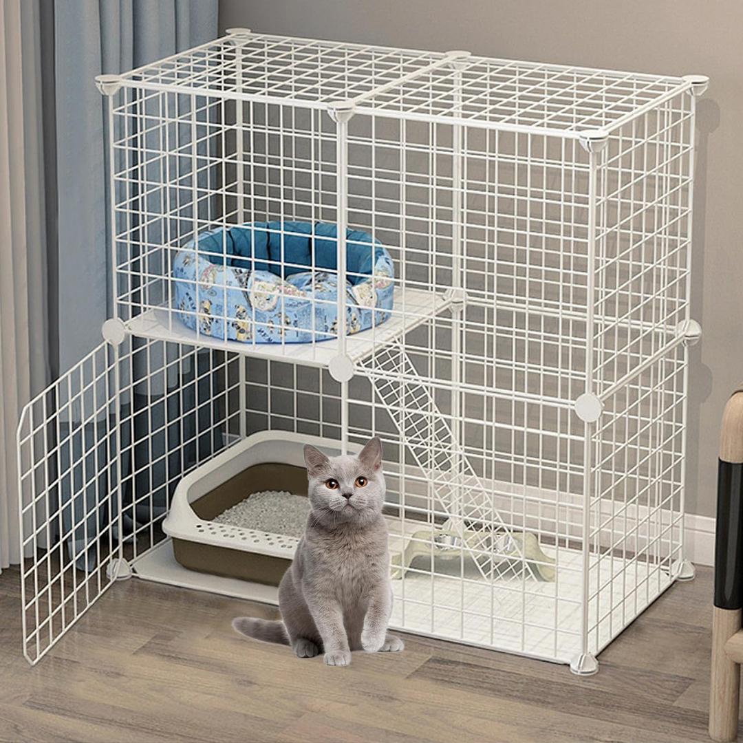 BNOSDM Cat Cages Indoor - 2 Tier Metal Wire Cat Enclosure with Door and Climbing Ladder, Detachable DIY Pet Kennel for Kitty, Small Cats and Other Animals (White)