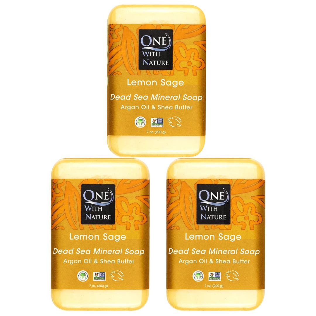 One With Nature Dead Sea Mineral Salt Lemon Sage 7oz Soap 3Pk, Argan Oil & Shea Butter - Dead Sea Salt Contains Magnesium, Sulfur & 21 Essential Minerals - All Skin Types, Acne, Eczema, Fragrance Free