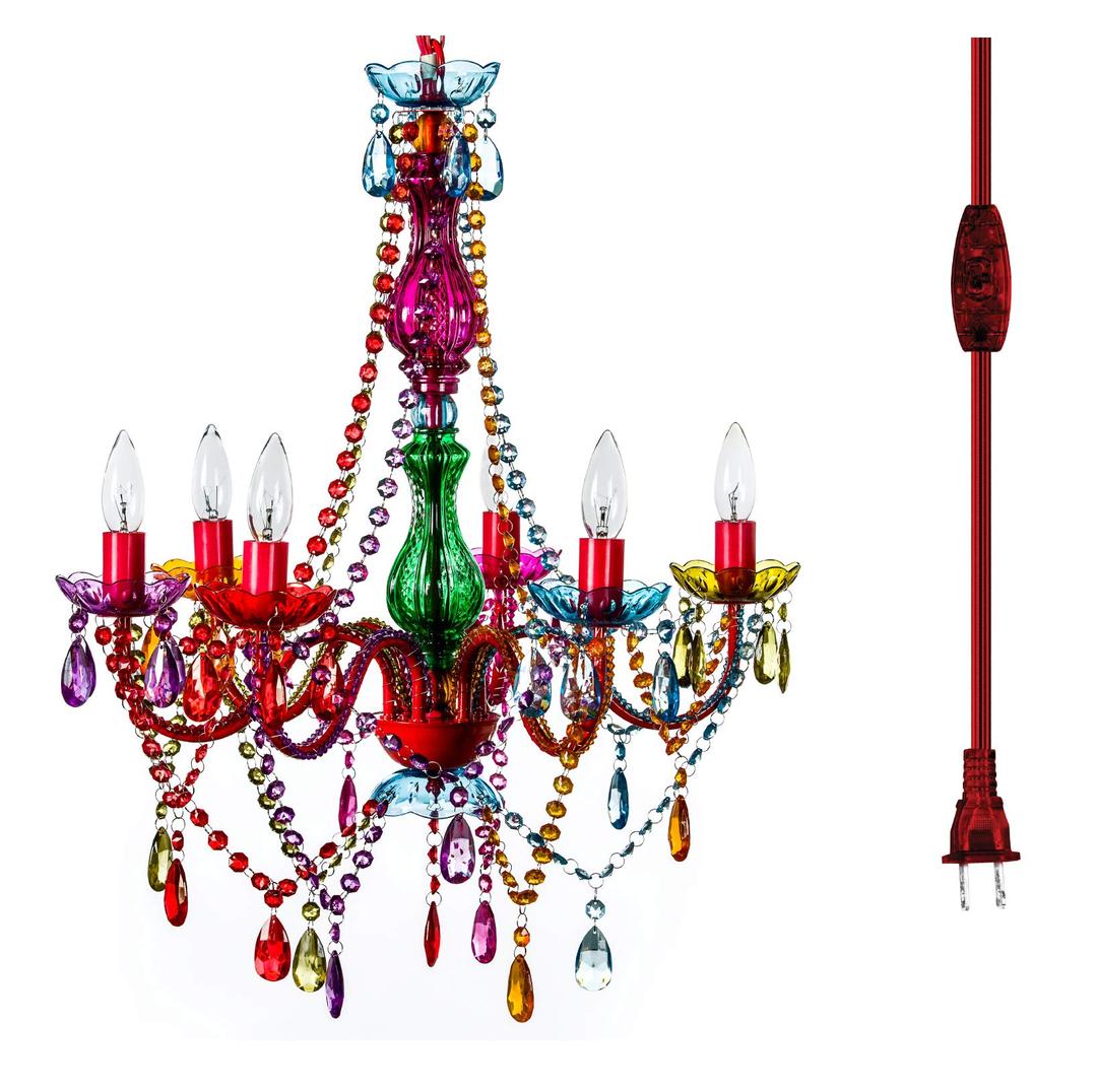 Plug-in 6 Light Multicolor Hanging Swag Chandelier H26”xW22”, Red Metal Frame with Green Glass Stem and Multicolor Acrylic Crystals & Beads That Sparkle Just Like Glass