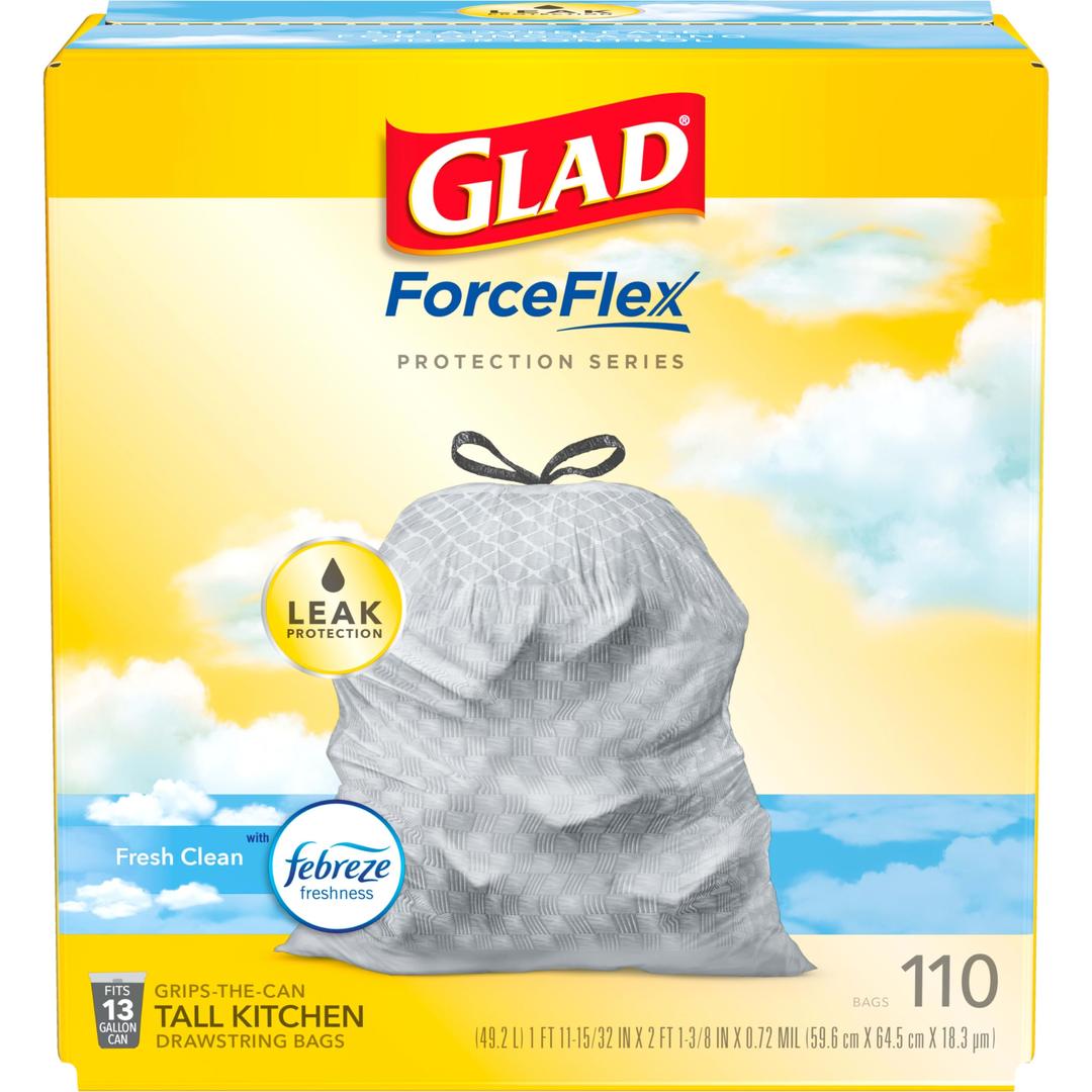 Glad ForceFlex Tall Kitchen Drawstring Trash Bags, 13 Gal, Fresh Clean, 110 Ct, Pack May Vary