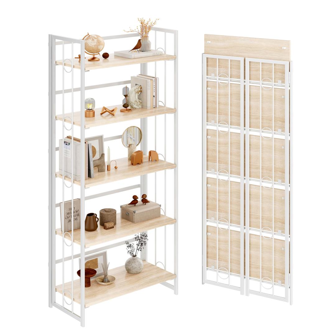 4NM No-Assembly 5 Tiers Folding Bookshelf Storage Shelves Vintage Bookcase Standing Racks Study Organizer Home Office - Natural and White