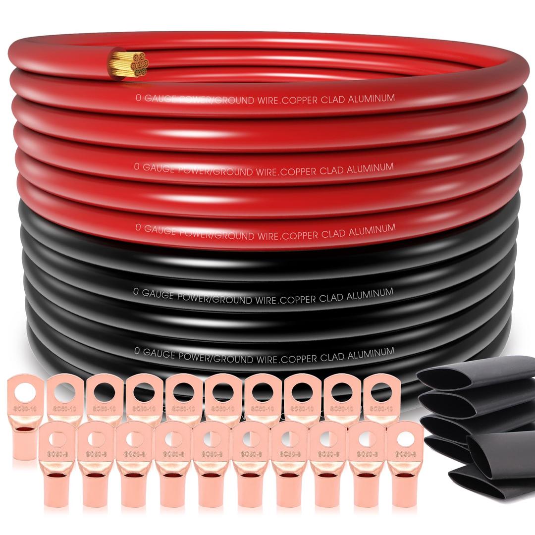 40FT 1/0 Gauge Wire Copper Clad Aluminum CAA,10pcs Lugs Terminal Connectors with 3:1Heat Shrink Tube for Power/Auto,Amplifier,Ground Cable Trailer Wiring