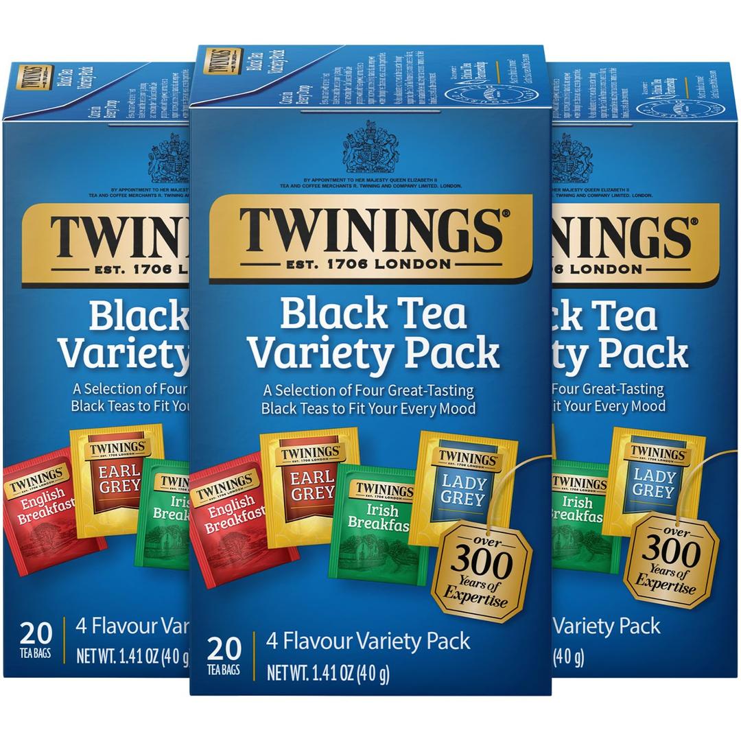 Twinings Black Tea Variety Pack with Earl Grey Tea, English Breakfast Tea, Irish Breakfast Tea, and Lady Grey Tea Bags, Individually Wrapped, 20 Count Ea (Pack of 3)