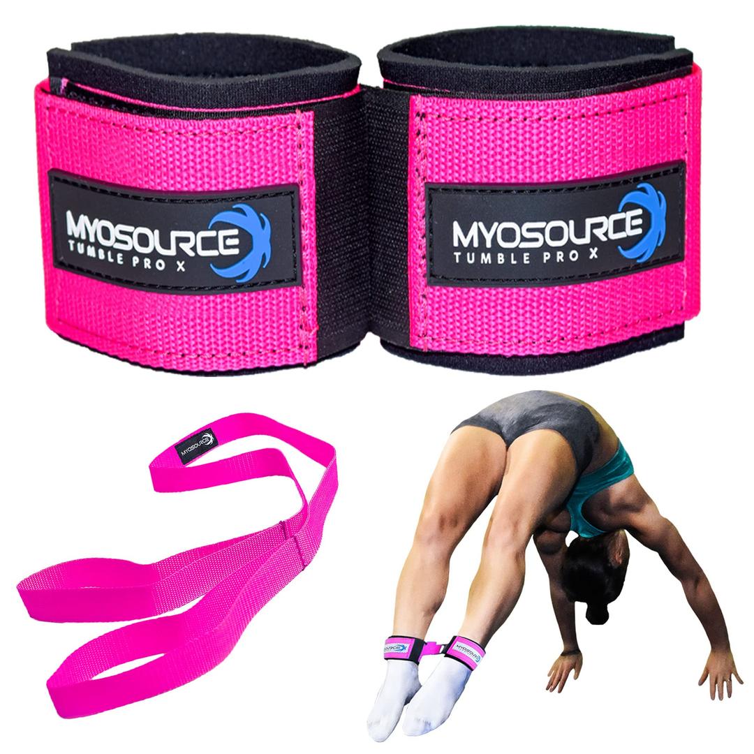 Myosource Kinetic Bands Tumble Pro X Ankle Straps Kit – Cheerleading Standing Tumbling Equipment, Gymnastics Backhandspring Trainer – Includes Flexibility Stunt Stretch Strap – Blue, Pink, Purple