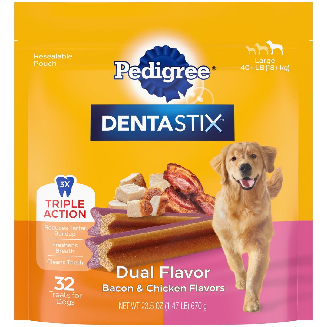 PedigreeDENTASTIX Dual Flavor Large Dog Dental Treats, Bacon & Chicken Flavors Dental Bones, 1.47 lb. Pack (32 Treats)