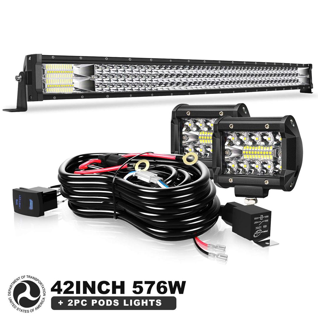 42" LED Light Bar T-Former Triple Row 576W Led Bar Off Road Lights & 2pc 4in 60W Spot Driving Fog Lights with Rocker…