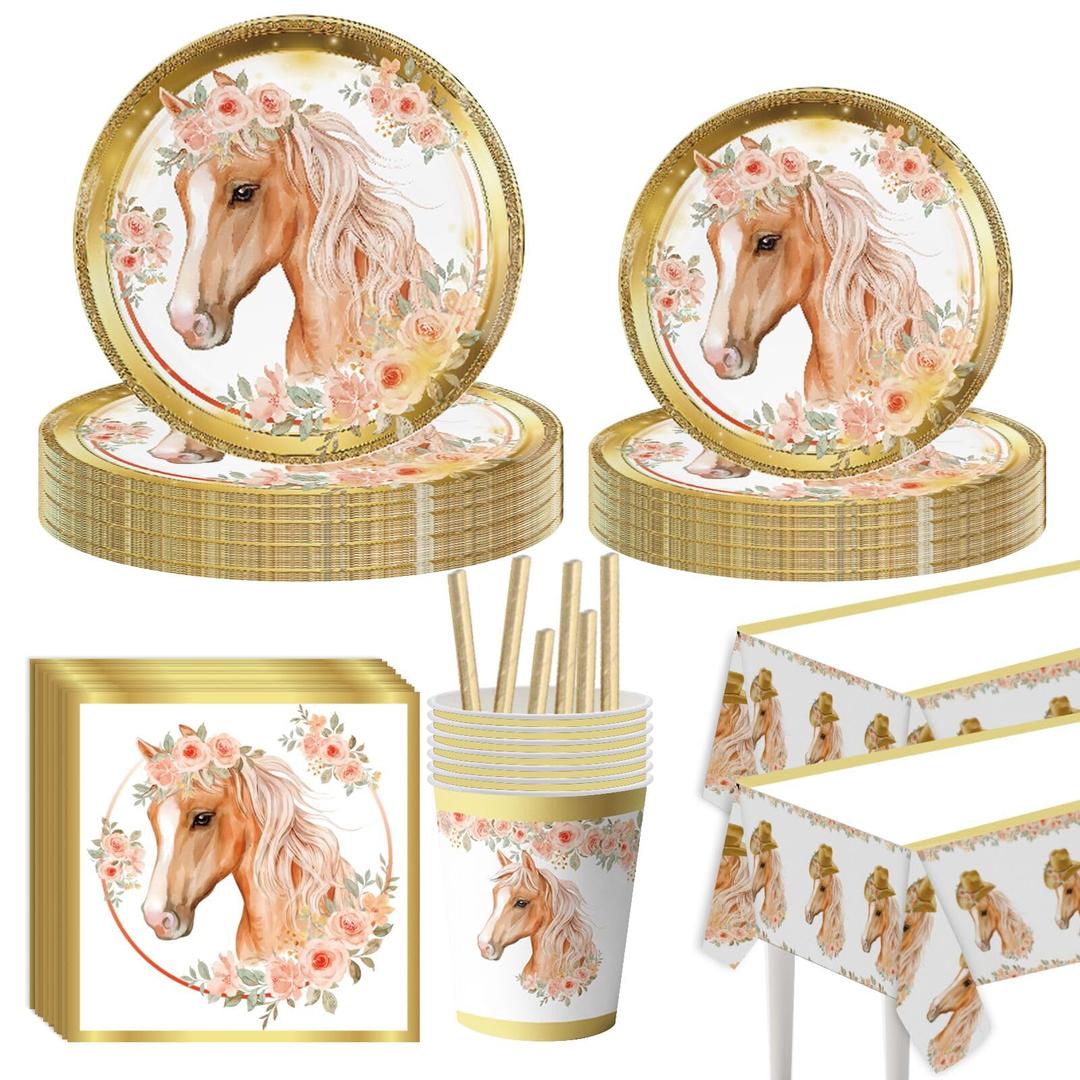 Horse Birthday Party Supplies, Horse Party Tableware Complete Pack 102PCS Serves 20 Including Gold Horse Party Plates,Cups, Napkins ,Straws ,2PCS Tablecloth for Horse Birthday Baby Shower Decorations