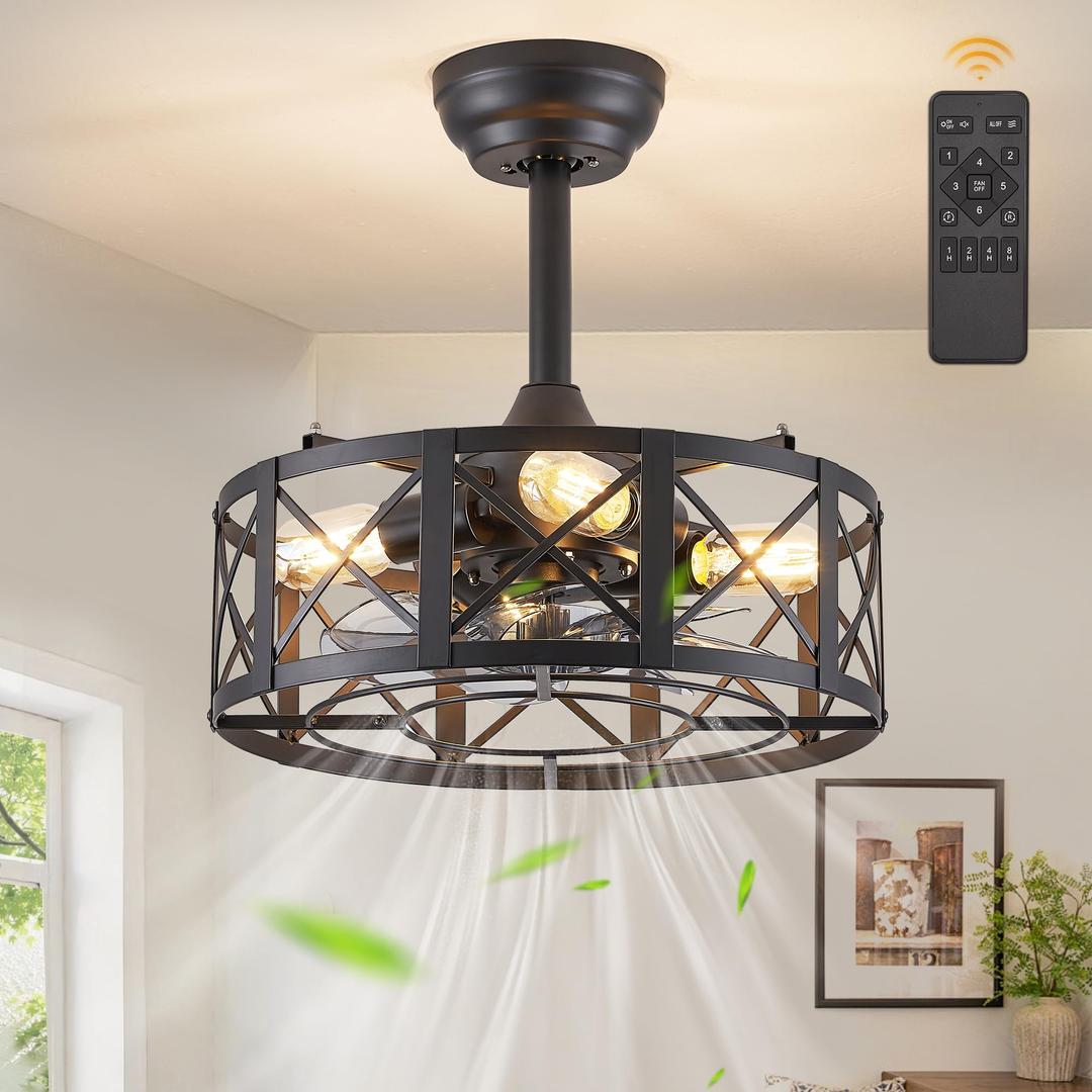 16in Caged Ceiling Fans with Lights and Remote, Black Fandelier Ceiling Fan with 6 Speeds and Timing, Farmhouse Samll Fan Lights Ceiling Fixtures for Kitchen, Bedroom, Outdoor-Black X