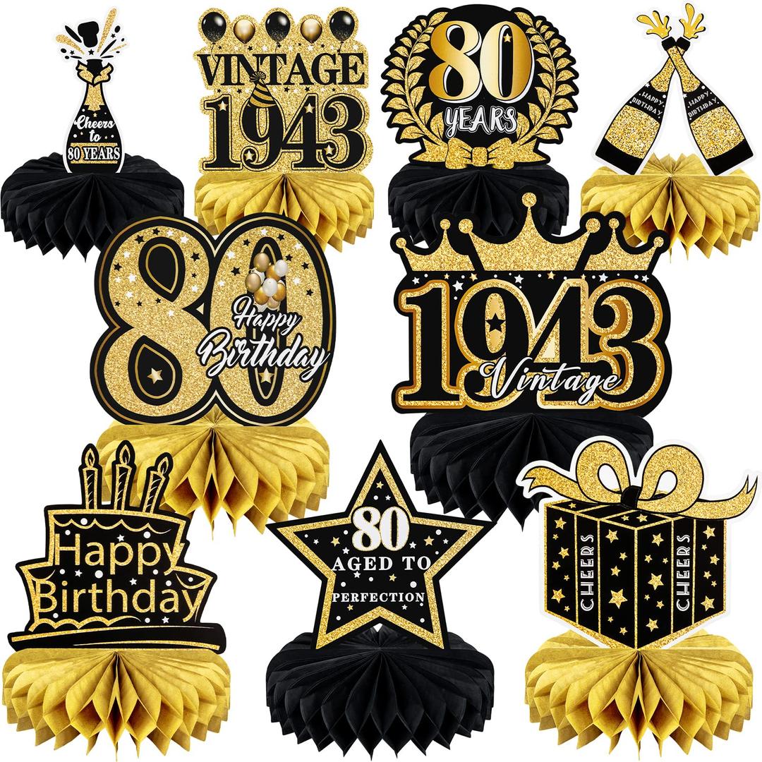 9 Pcs 80th Birthday Decoration for Men Women Happy 80th Birthday Honeycomb Centerpieces 80th Birthday Table Party Decorations Black and Gold Cheers to 80 Years Decor 1944 Birthday Party Favors