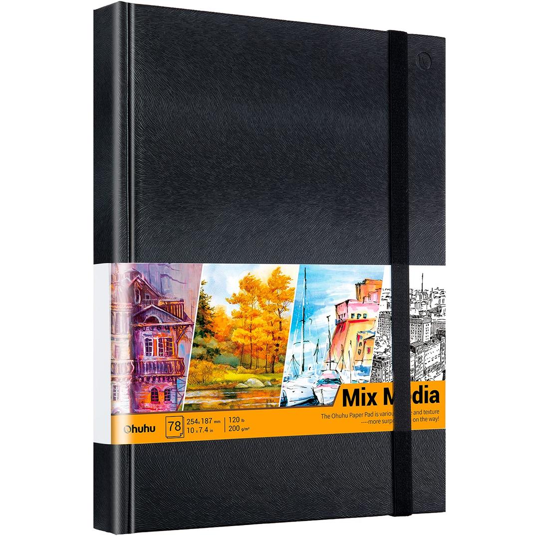 Ohuhu Mix Media Pad, 10"x7.4" Mixed Media Art Sketchbook, 120 LB/200 GSM Heavyweight Papers, 78 Sheets/156 Pages, PU Hardcover Mixed Media Paper Pad for Acrylic, Painting Christmas Gift