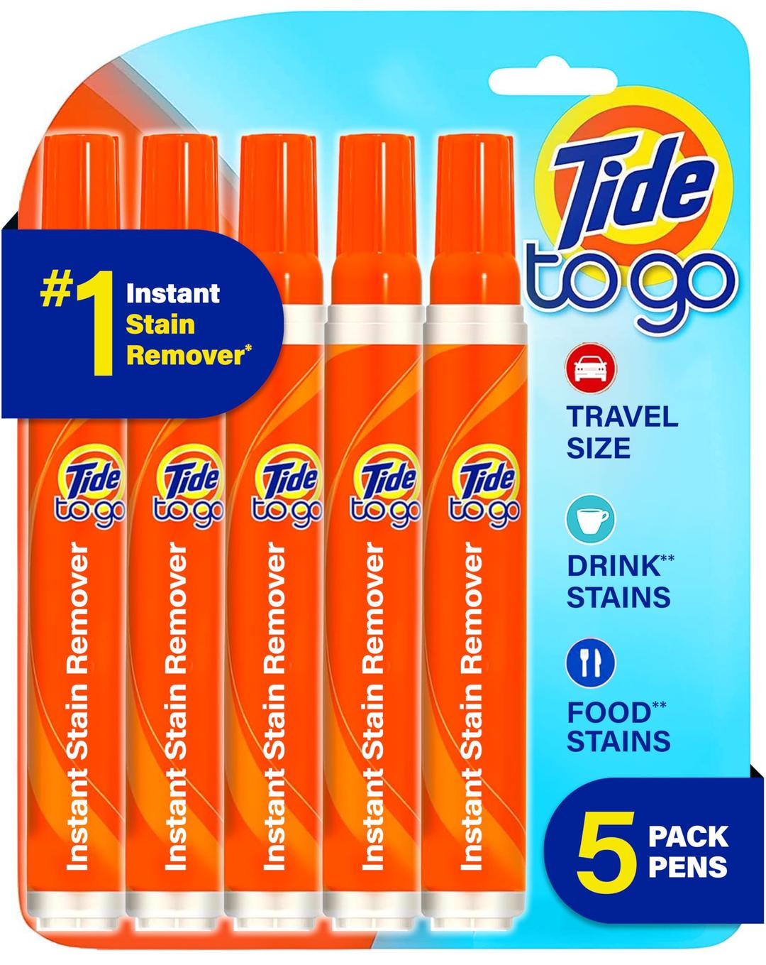 TideStain Remover for Clothes, Tide To Go Pen, Instant Stain Remover for Clothes, Travel & Pocket Size, 5 Count (Pack of 1)