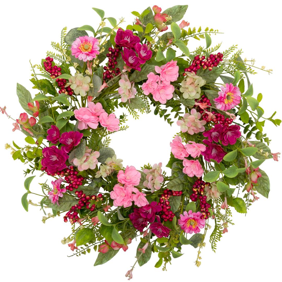 VGIA 20 inch Spring Wreath Summer Door Wreath Artificial Floral Wreath Spring and Summer Decorations Home Farmhouse Decor with Pink Flowers and Green Foliage for Party Wedding Decor