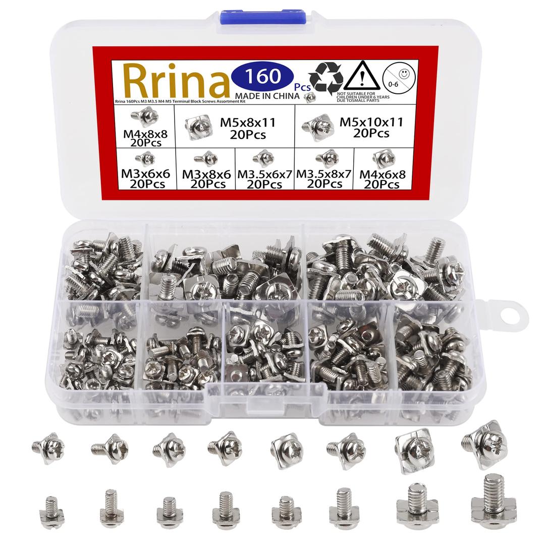 160Pcs M3 M3.5 M4 M5 Terminal Block Screws Assortment Kit with Square Washers, Nickel Plated Carbon Steel, Silver