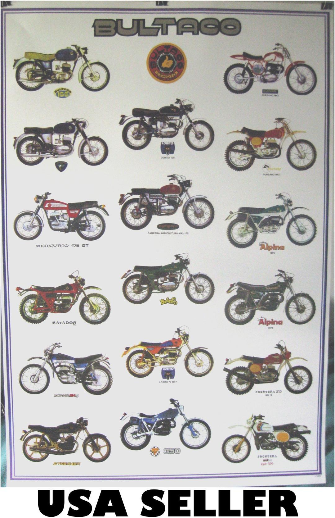 Bultaco motorcycle history POSTER 23.5 x 34 with 17 motorcycles Spanish Cemoto defunct maker (poster sent from USA in PVC pipe)