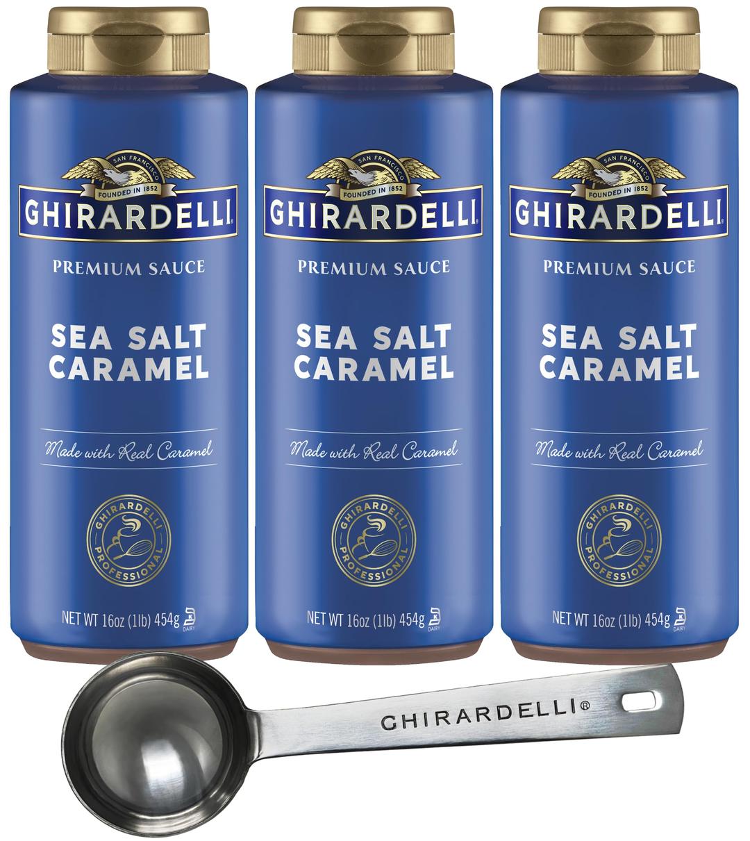 3 Pack - Ghirardelli - Sea Salt Caramel Flavored Sauce - 17 Oz Squeeze Bottle with Limited Edition Measuring Spoon