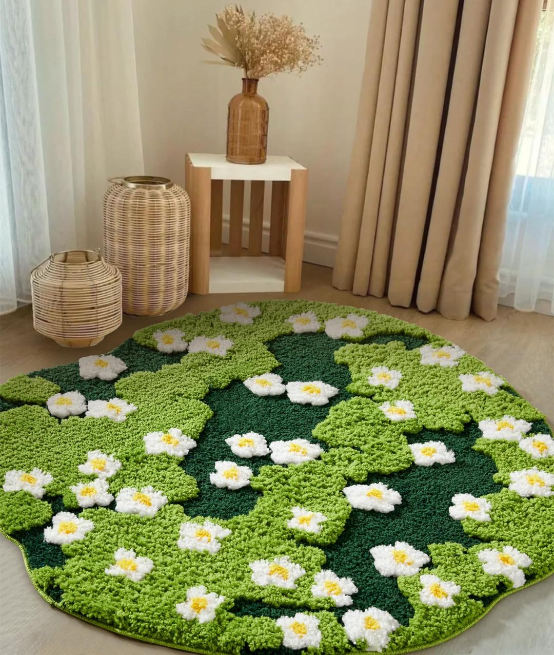 Cute Green Floral Large Bathroom Rugs Bath Mat 3ft Non Slip Washable, Modern Chic Boho Aesthetic Trendy Funky Microfiber Shaggy Tufted Moss Rugs for Bedroom Dorm Nursery Bathroom Kitchen