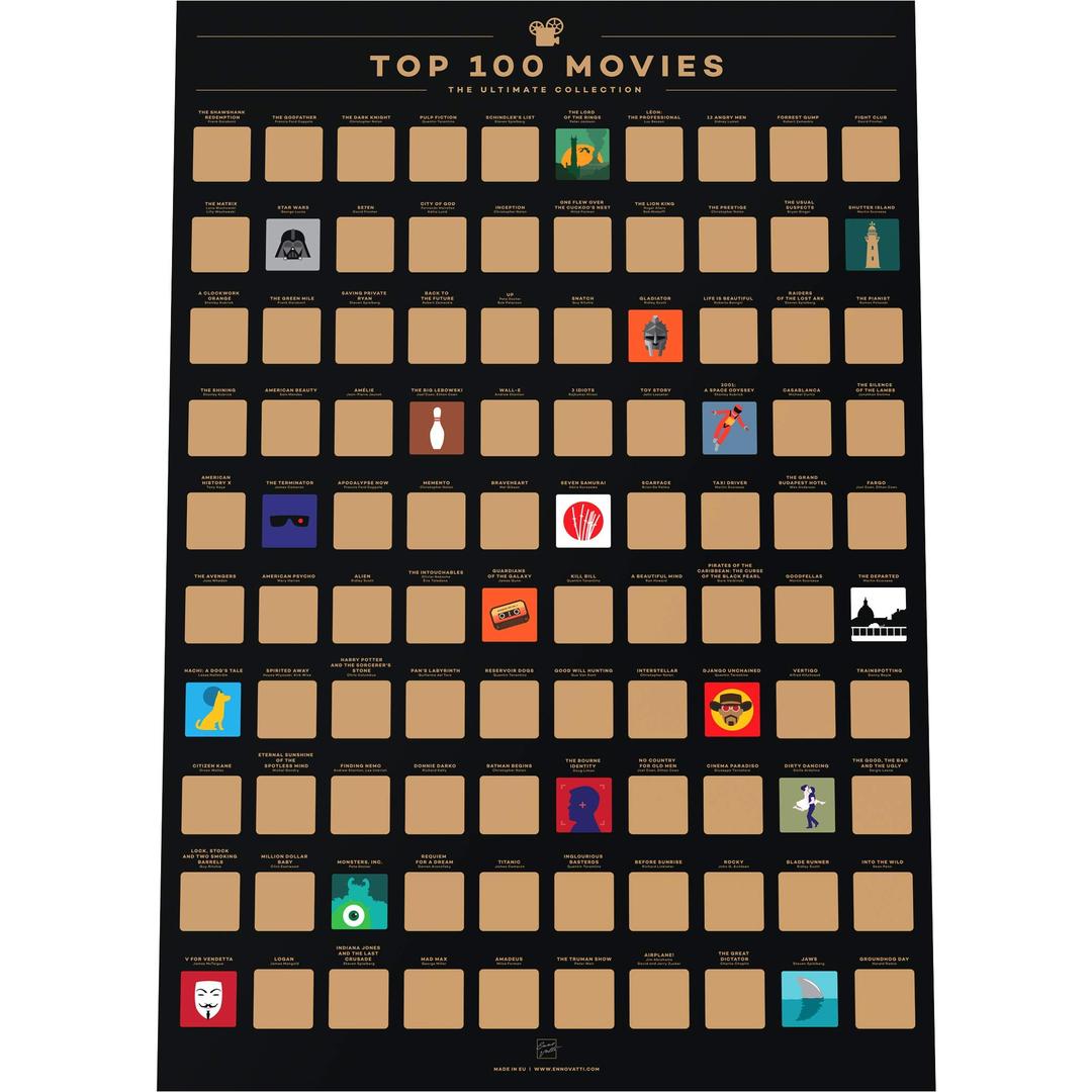 Enno Vatti Top 100 Movies Scratch Off Poster - Bucket List of Best Films - 100 Movie Scratch Off Poster (16.5" x 23.4") - Including Top 100 Movie Posters - Christmas Gift for Movie Lovers