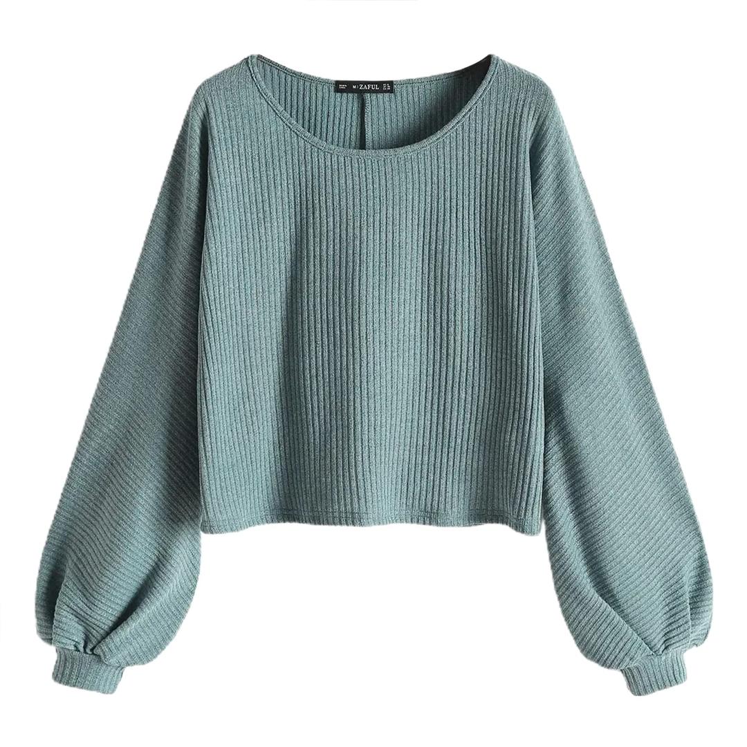 ZAFULWomen Ribbed Knit Long Sleeve Tops Shirts Lantern Sleeve Oversized Pullover Crop Sweater