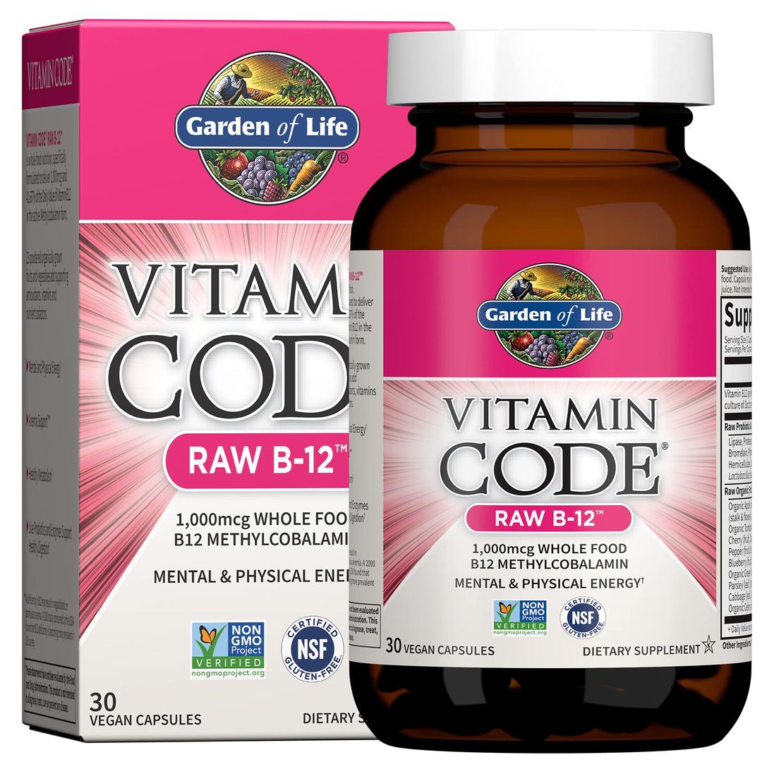 Garden of Life B12 - Vitamin Code Raw - 30 Capsules, 1,000mcg Whole Food Methylcobalamin for Energy, Vegan B12 Vitamin plus Probiotics & Enzymes, Gluten Free Supplements