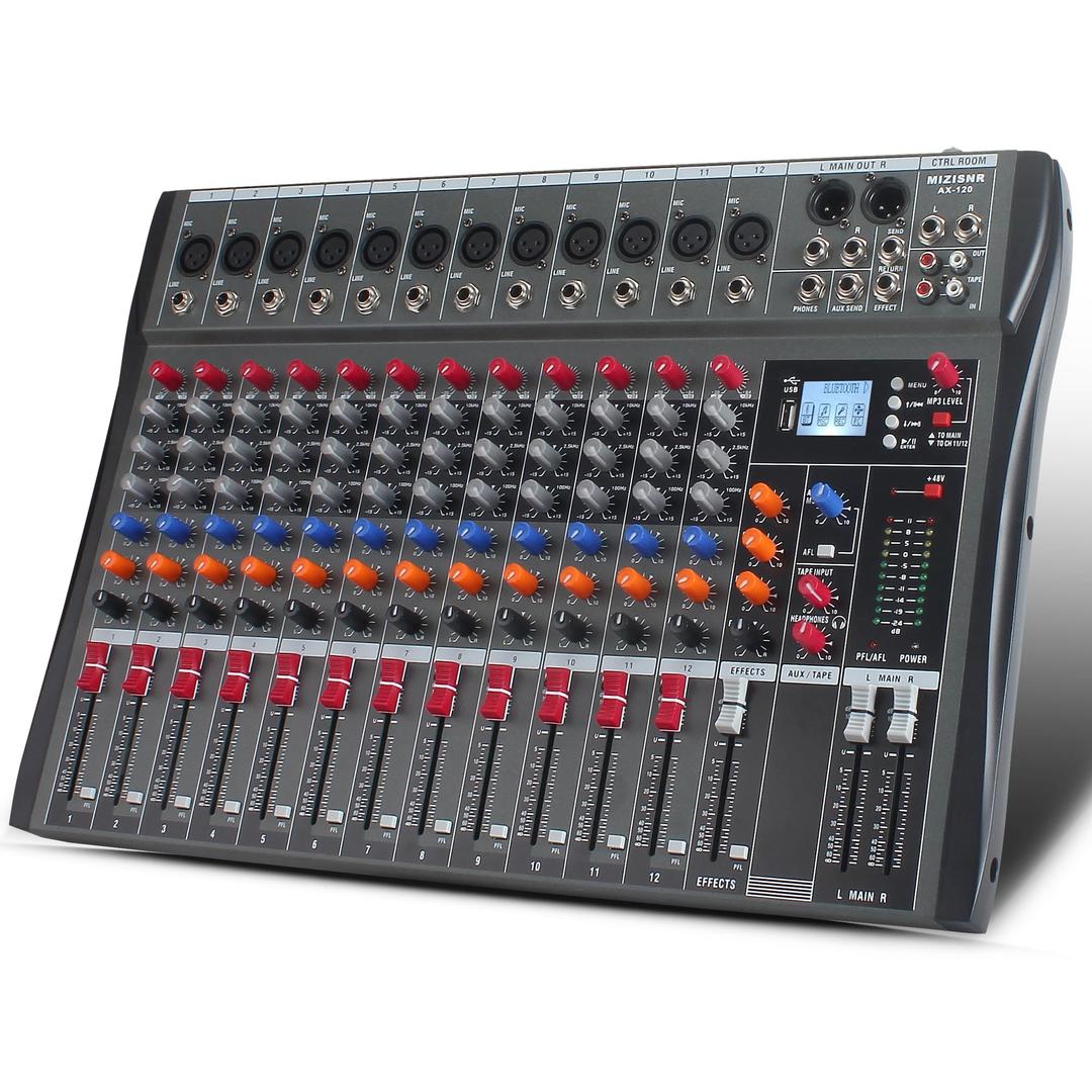 12 Channel Audio Mixer, Professional Sound Board Music Mixer Digital DJ Mixers with 48V Phantom Power, Bluetooth MP3 USB Interface Studio Mixing Console Analog Mixer (AX-120)