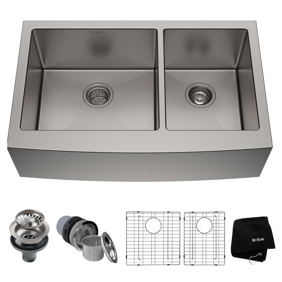 KRAUS Standart Pro 33-Inch Apron Front Farmhouse 16-Gauge 60/40 Double Bowl Stainless Steel Kitchen Sink, KHF203-33