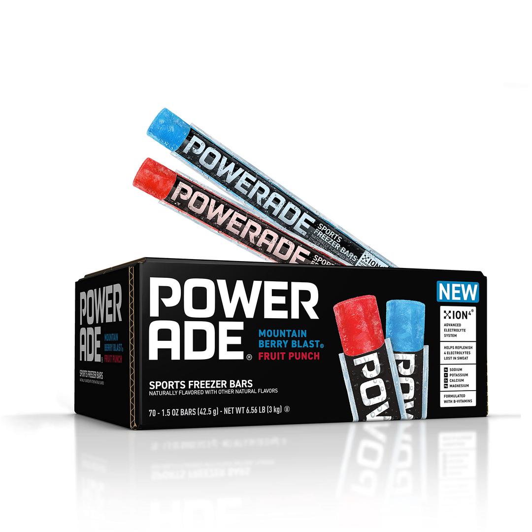 POWERADESports Freezer Bars, 1.5 oz, Refreshing Ice Pops with Electrolytes B Vitamins, Naturally Flavored with Other Natural Flavors, Mountain Berry Blast and Fruit Punch, 70 Count