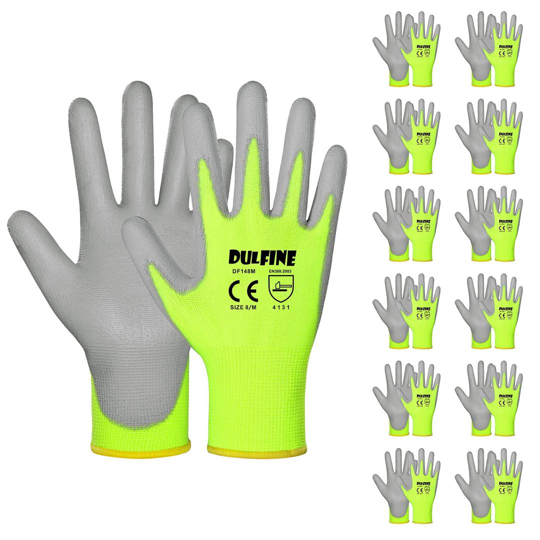 DULFINE Safety Work Gloves for Men PU Coated 12 Pairs Bulk Pack,Hi-Vis Yellow Seamless Knit Glove with thin Polyurethane Coated Smooth Grip on Palm & Fingers,Ideal for General Duty Work (Small)