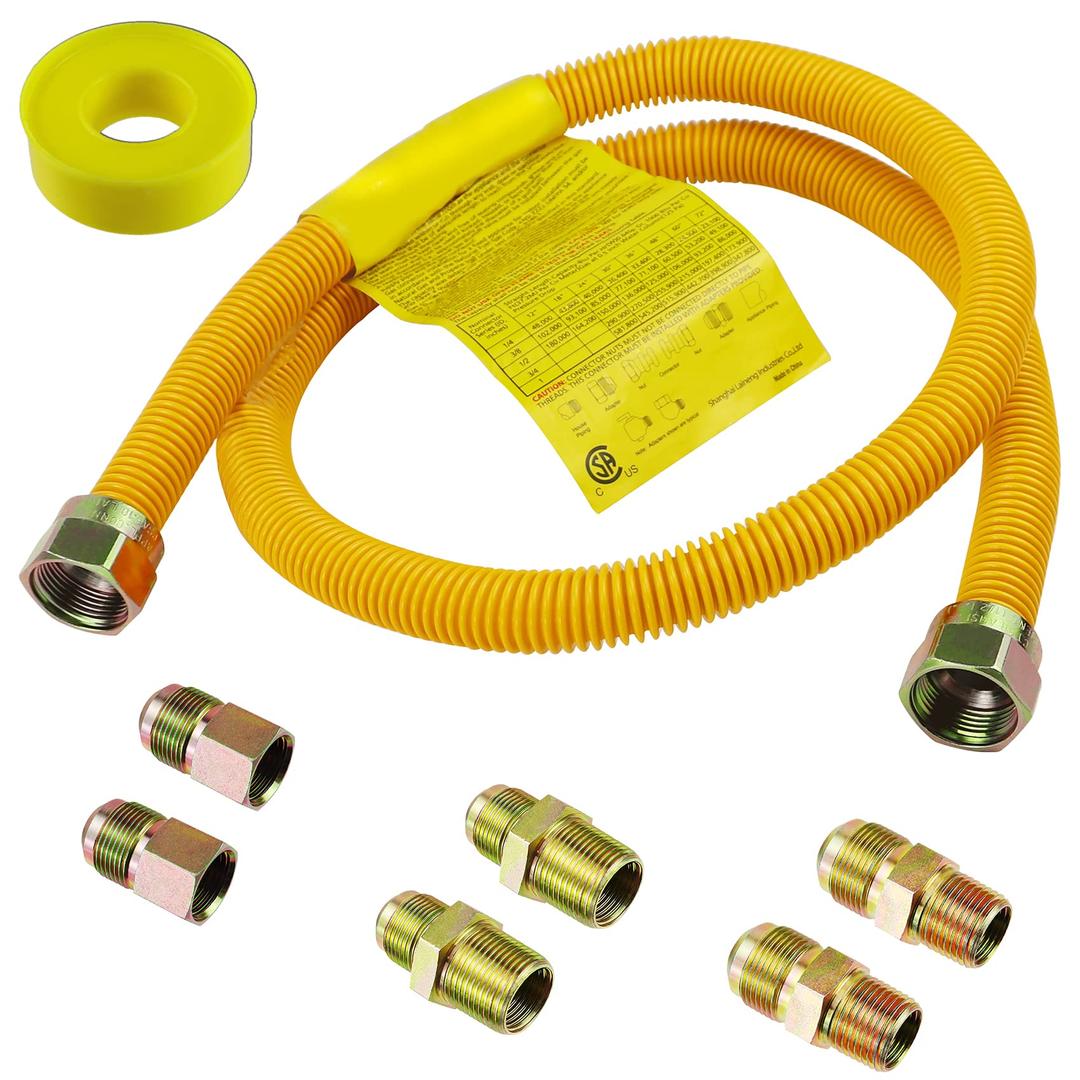 48" Flexible Gas Line Kit for Dryer, Stove, Range, Stainless Steel Gas Dryer Connector Kit, 5/8 in.OD(1/2 in. ID）Dryer Gas Line with Connector 1/2" FIP & 1/2" MIP & 3/4" MIP Fitting