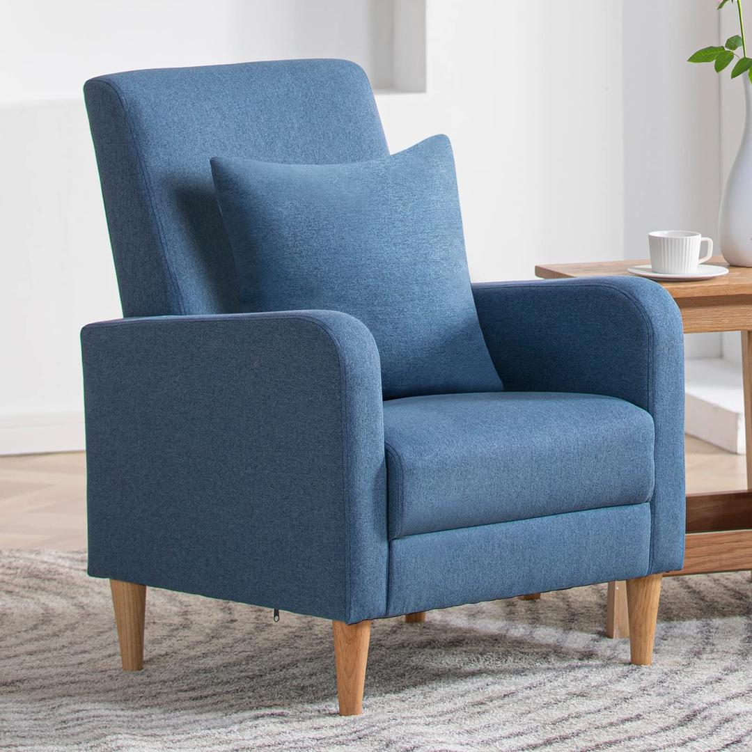 COLAMY Modern Upholstered Accent Chair Armchair with Pillow, Fabric Reading Living Room Side Chair,Single Sofa with Lounge Seat and Wood Legs, Blue