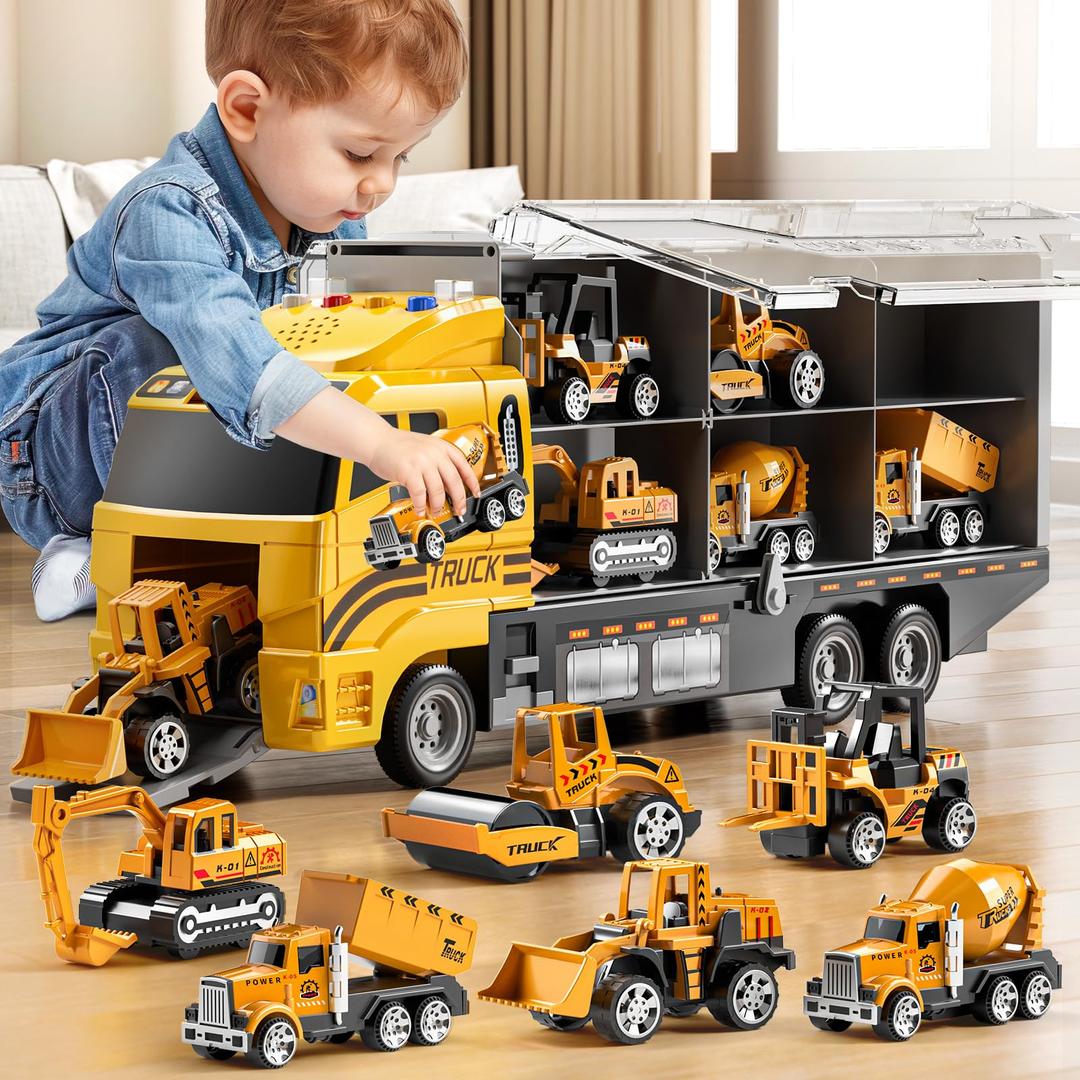 Toddler Boys Toys for 3 4 5 6 Years Old, Construction Truck Vehicle Toy Set with Play Mat, Die-Cast Toy Car Carrier Truck for Boys Kids, Birthday Gifts Toys for 3 4 5 6 7 8+ Year Old Boys