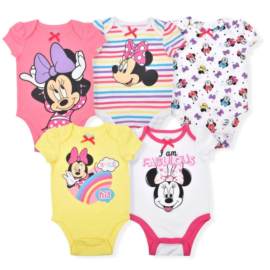 Princess Girl's 5-Piece Short Sleeve Baby Bodysuit Creeper Multi-Colored Set