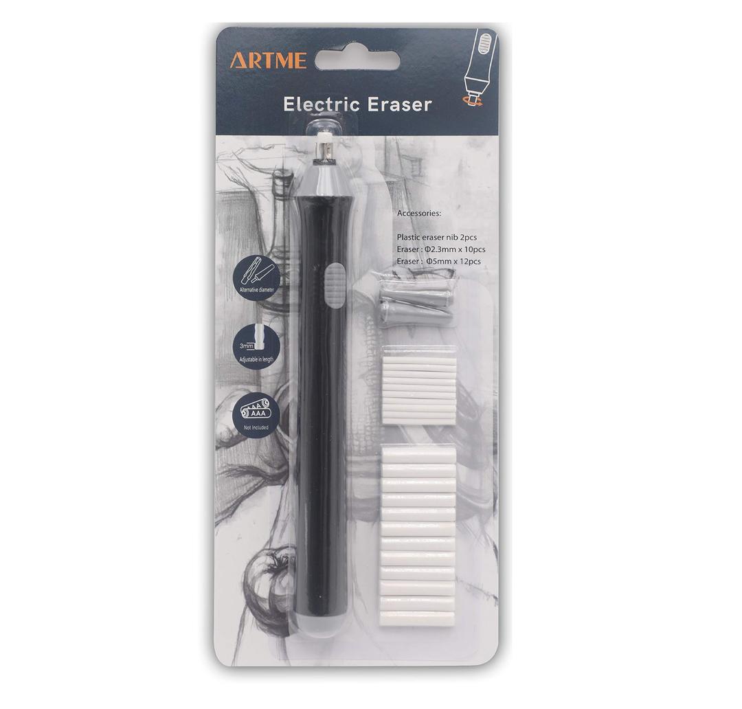 Artme Electric Eraser (22pcs Refills Included) - Round, Rubber & Plastic - Black & Grey - for Artists, Architects, Engineers & Students