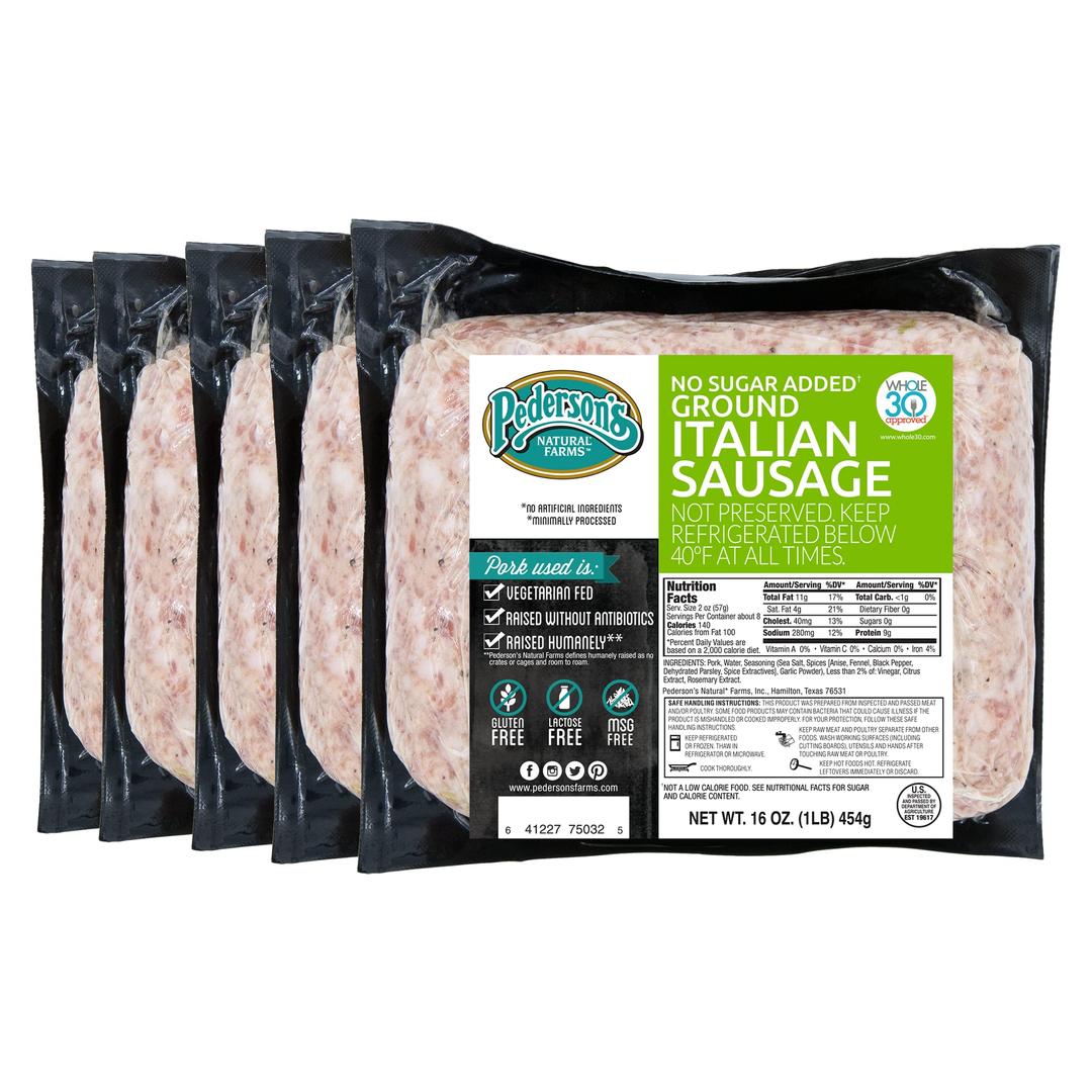 Pederson’s Farms, Italian Ground Sausage, Whole30 (5 Pack, Pork, Use/Freeze) 16oz ea - No Sugar Added, Keto, Paleo Diet Friendly, No Nitrates Nitrites, Gluten Free, Uncured Sausage, Made in the USA