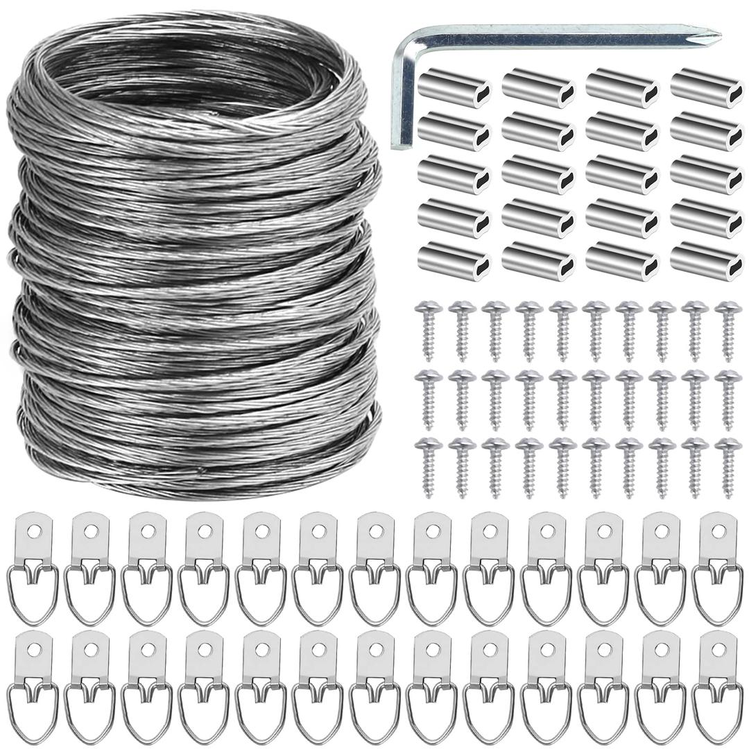 Ouskr 100 Pcs Picture Hanging Wire Kit, 100 Feet Heavy Duty Wire Picture Hanging for Photo Mirror Frame Artwork, Included D Ring Picture Hangers, Screws, Aluminum Sleeves, Screwdriver, up to 30lbs