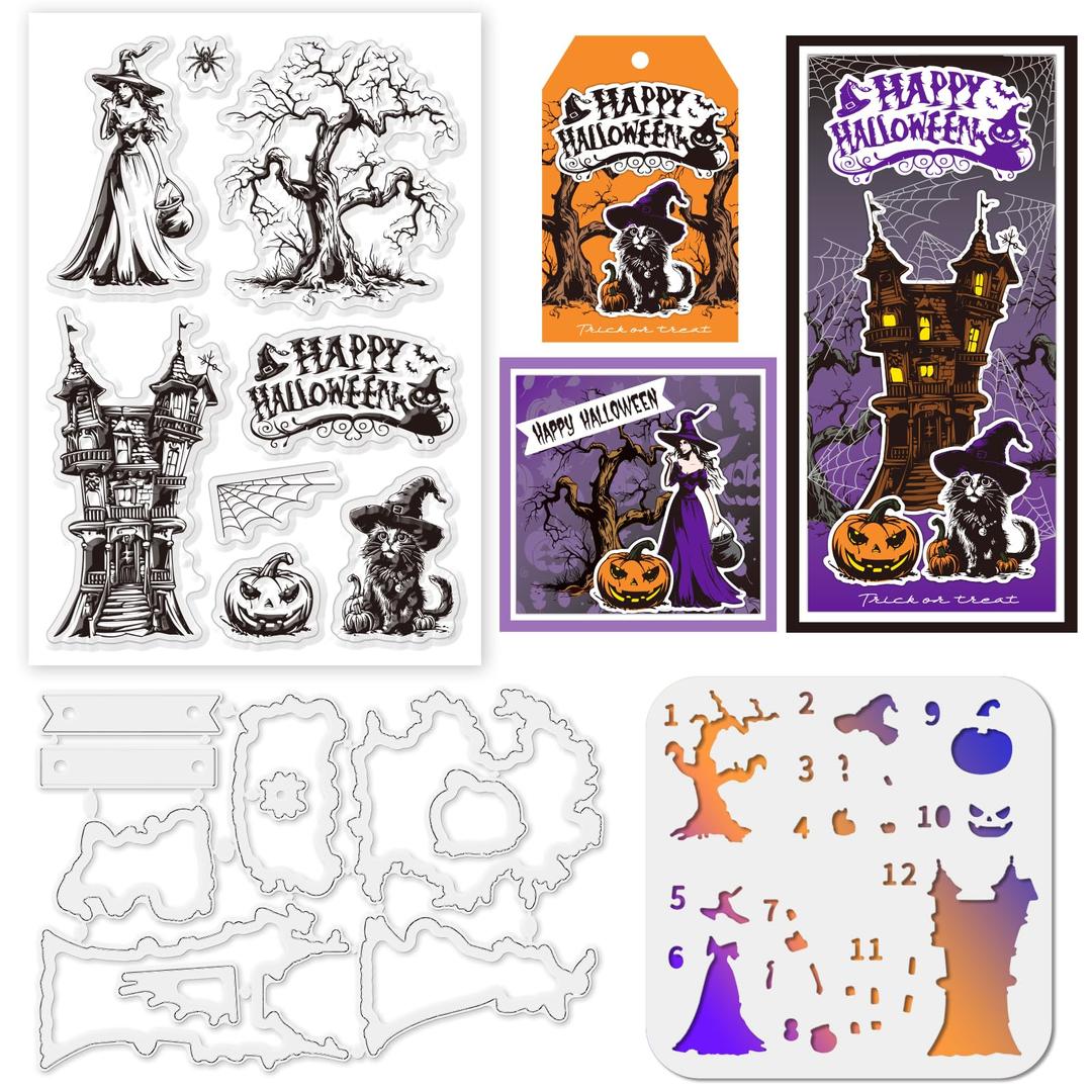 3PCS Halloween Stamps and Dies Set Layered Stencil for Card Making Halloween Theme Clear Stamps and Metal Cutting Dies for Paper Crafting Witch Castle Painting Stencil for DIY Scrapbooking