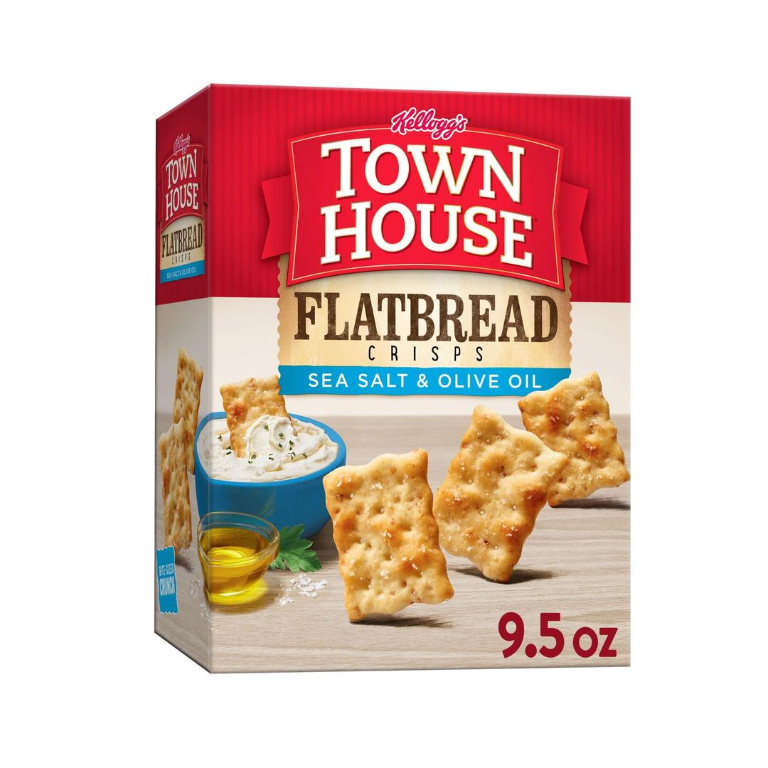 Town House Flatbread Crisps Oven Baked Crackers, Party Snacks, Sea Salt and Olive Oil, 9.5oz Box (1 Box)