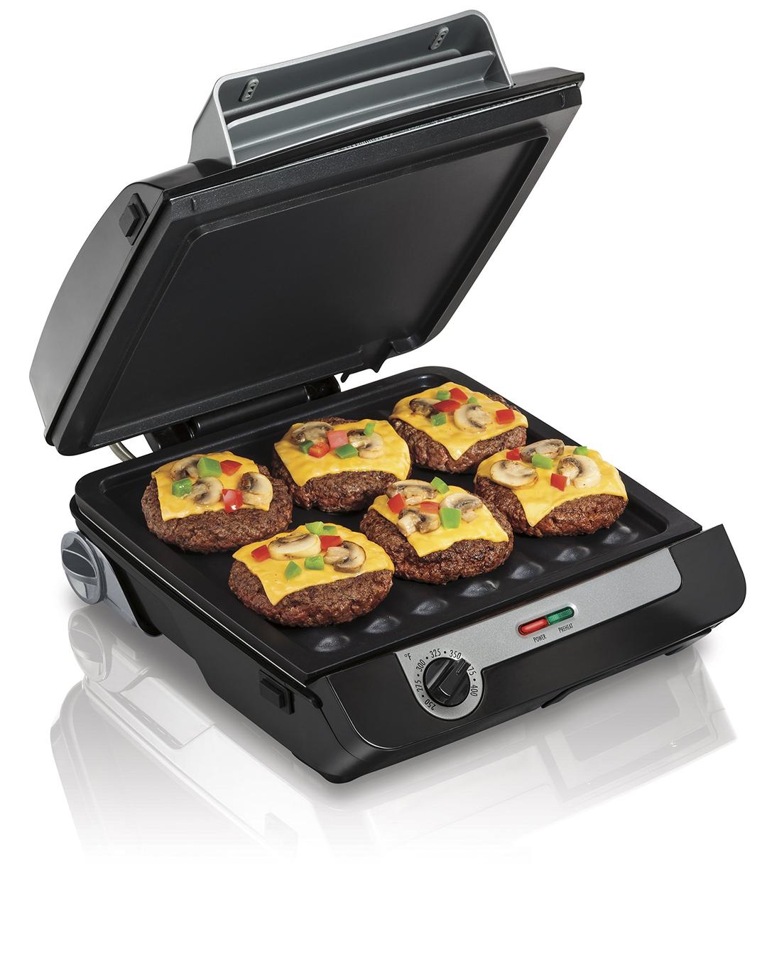 Hamilton Beach 4-in-1 Indoor Grill & Electric Griddle Combo with Bacon Cooker, Opens Flat to Double Cooking Surface, Removable Nonstick Plates, Black & Silver (25601)